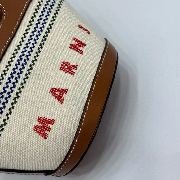 Marni Mini Canvas Tote with Tan Leather Trim and Red Logo - Picture 5 of 7